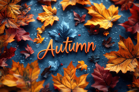 frame with text. with the description autumn, seasonal. Chalkboard and autumn leaves. natural background. empty space for text. close-up change of seasons.の素材