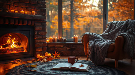 A cozy living room with a warm, crackling fireplace, bookshelves filled with books and decorative items, a comfortable armchair, and a cat sleeping peacefully on a plush rug.の素材