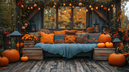 Autumn bedroom, living room interior. Red and yellow leaves and flowers in the vase and pumpkin on light background.の素材