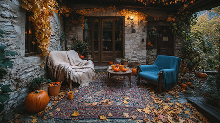 Autumn bedroom, living room interior. Red and yellow leaves and flowers in the vase and pumpkin on light background.の素材