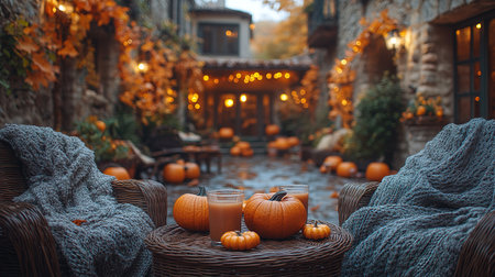 Autumn bedroom, living room interior. Red and yellow leaves and flowers in the vase and pumpkin on light background.の素材