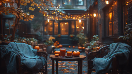 Autumn bedroom, living room interior. Red and yellow leaves and flowers in the vase and pumpkin on light background.の素材