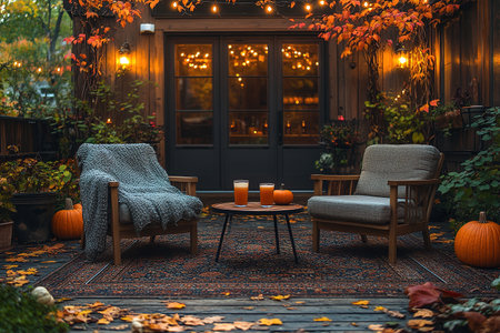 Autumn bedroom, living room interior. Red and yellow leaves and flowers in the vase and pumpkin on light background.の素材