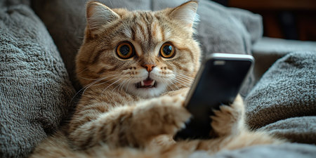 A fluffy pet cat looks into a smartphone and is surprised by the discounts. The concept of autumn discounts, black Friday sales.の素材