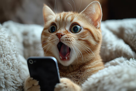 A fluffy pet cat looks into a smartphone and is surprised by the discounts. The concept of autumn discounts, black Friday sales.の素材