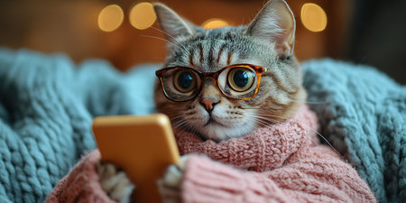 A fluffy pet cat looks into a smartphone and is surprised by the discounts. The concept of autumn discounts, black Friday sales.の素材