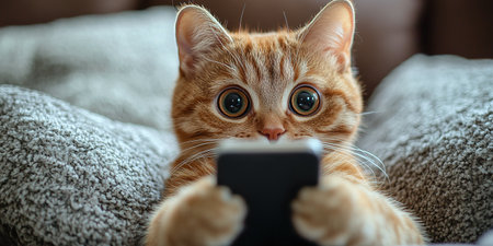 A fluffy pet cat looks into a smartphone and is surprised by the discounts. The concept of autumn discounts, black Friday sales.の素材