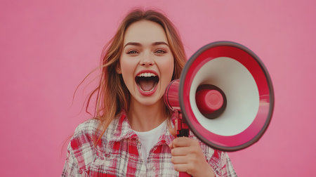 Beauty blond haired woman holding megaphone, shout something. isolated over pink background. Caucasian model. The concept of autumn discounts, black Friday sales.の素材
