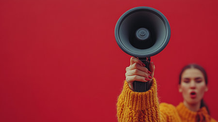 Beauty blond haired woman holding megaphone, shout something. isolated over pink background. Caucasian model. The concept of autumn discounts, black Friday sales.の素材