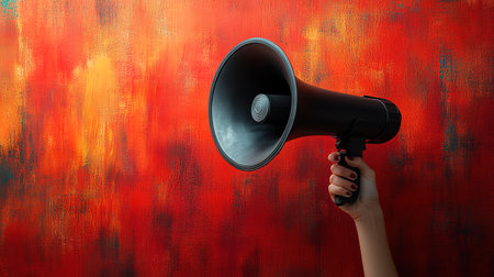 Woman's hand holds a megaphone on a red background. Concept of hiring, advertising something. Banner.の素材