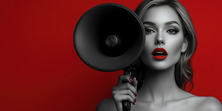 Beauty blond haired woman holding megaphone, shout something. isolated over pink background. Caucasian model. The concept of autumn discounts, black Friday sales.の素材