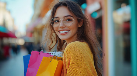 Photo of pretty millennial model lady carry many packs shopper enjoy tourism abroad sales wear fluffy jacket.の素材