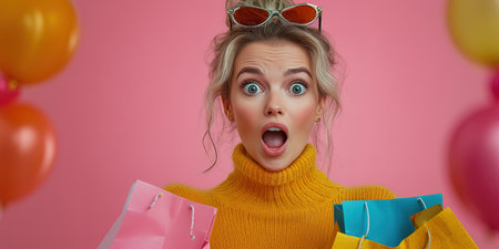 Closeup photo of funny girl amazed open mouth looking small prices in shopping center hold packages isolated on pink color background.の素材