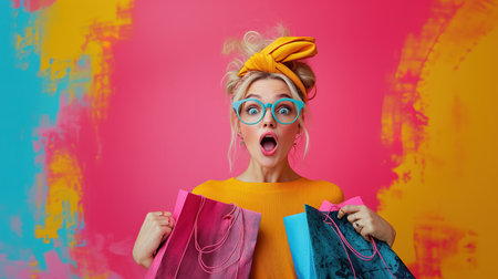 Closeup photo of funny girl amazed open mouth looking small prices in shopping center hold packages isolated on pink color background.の素材
