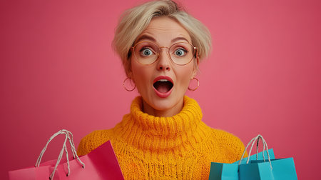Closeup photo of funny girl amazed open mouth looking small prices in shopping center hold packages isolated on pink color background.の素材