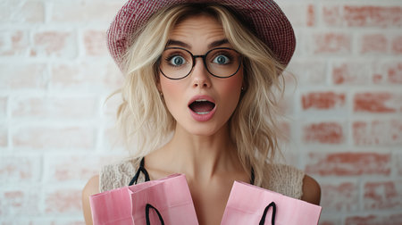 Closeup photo of funny girl amazed open mouth looking small prices in shopping center hold packages isolated on pink color background.の素材