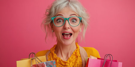 Closeup photo of funny girl amazed open mouth looking small prices in shopping center hold packages isolated on pink color background.の素材