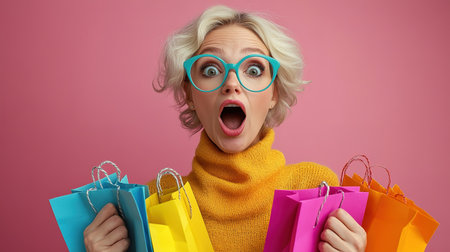 Closeup photo of funny girl amazed open mouth looking small prices in shopping center hold packages isolated on pink color background.の素材