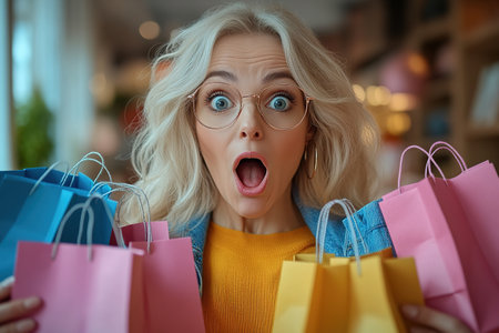 Closeup photo of funny girl amazed open mouth looking small prices in shopping center hold packages isolated on pink color background.の素材
