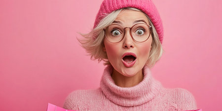 Closeup photo of funny girl amazed open mouth looking small prices in shopping center hold packages isolated on pink color background.の素材
