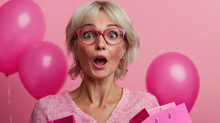 Closeup photo of funny girl amazed open mouth looking small prices in shopping center hold packages isolated on pink color background.の素材