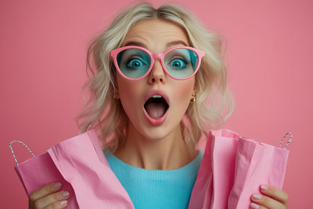 Closeup photo of funny girl amazed open mouth looking small prices in shopping center hold packages isolated on pink color background.の素材