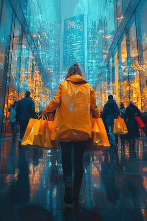 Blurry people with colorful bags rushing to the autumn sales. The concept of discounts, black Friday sales.の素材