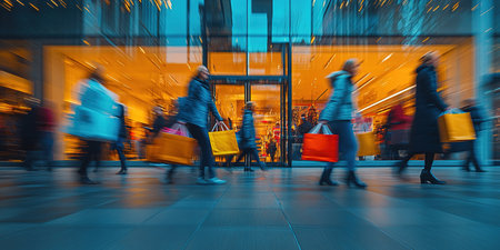 Blurry people with colorful bags rushing to the autumn sales. The concept of discounts, black Friday sales.の素材