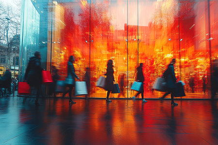 Blurry people with colorful bags rushing to the autumn sales. The concept of discounts, black Friday sales.の素材