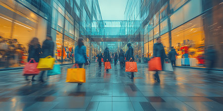 Blurry people with colorful bags rushing to the autumn sales. The concept of discounts, black Friday sales.の素材