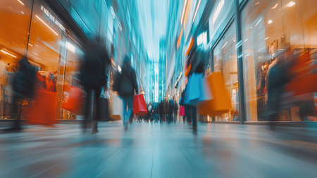 Blurry people with colorful bags rushing to the autumn sales. The concept of discounts, black Friday sales.の素材