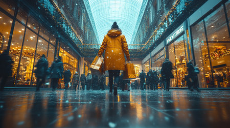 Blurry people with colorful bags rushing to the autumn sales. The concept of discounts, black Friday sales.の素材