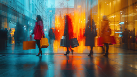 Blurry people with colorful bags rushing to the autumn sales. The concept of discounts, black Friday sales.の素材