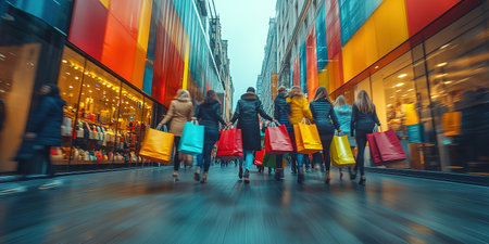 Blurry people with colorful bags rushing to the autumn sales. The concept of discounts, black Friday sales.の素材