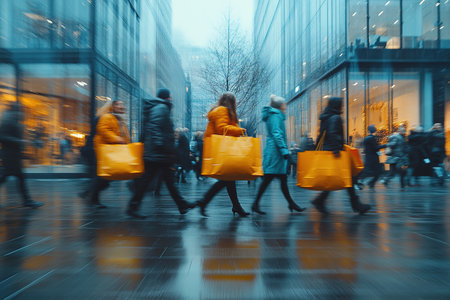 Blurry people with colorful bags rushing to the autumn sales. The concept of discounts, black Friday sales.の素材