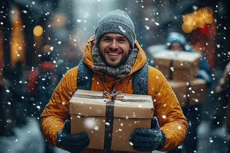 A man runs home with gifts during discounts and sales on Black Friday.の素材