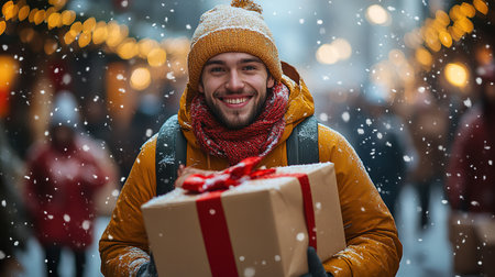 A man runs home with gifts during discounts and sales on Black Friday.の素材