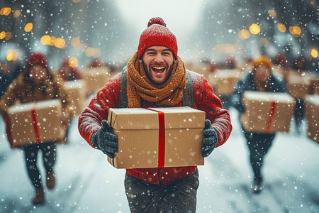 A man runs home with gifts during discounts and sales on Black Friday.の素材
