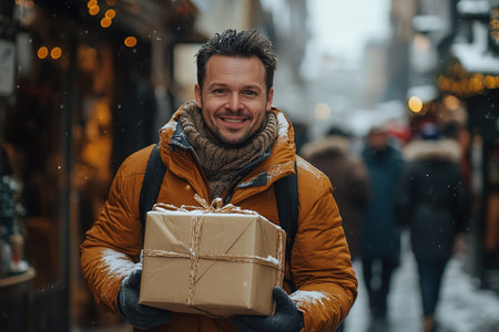 A man runs home with gifts during discounts and sales on Black Friday.の素材