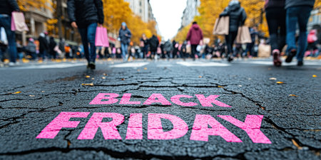 A close-up of a pink Black Friday inscription on the asphalt against a background of blurred people with colorful bags. The concept of discounts and sales.の素材