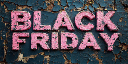 A close-up of a pink Black Friday inscription on the asphalt against a background of blurred people with colorful bags. The concept of discounts and sales.の素材