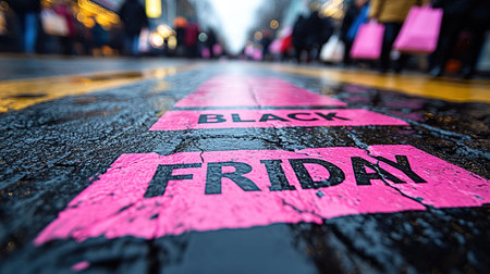 A close-up of a pink Black Friday inscription on the asphalt against a background of blurred people with colorful bags. The concept of discounts and sales.の素材