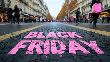A close-up of a pink Black Friday inscription on the asphalt against a background of blurred people with colorful bags. The concept of discounts and sales.の素材