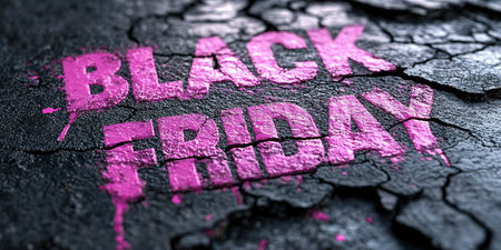 A close-up of a pink Black Friday inscription on the asphalt against a background of blurred people with colorful bags. The concept of discounts and sales.の素材