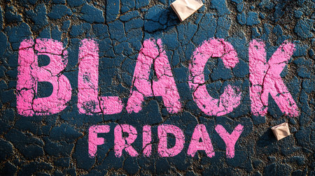 A close-up of a pink Black Friday inscription on the asphalt against a background of blurred people with colorful bags. The concept of discounts and sales.の素材