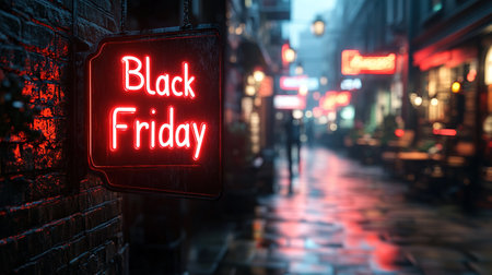 Black Friday. Neon inscription on the background of an old brick wall. Business, sales. Discounts.の素材