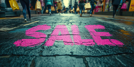 A close-up of a pink Sale inscription on the asphalt against a background of blurred people with colorful bags. The concept of discounts and sales.の素材