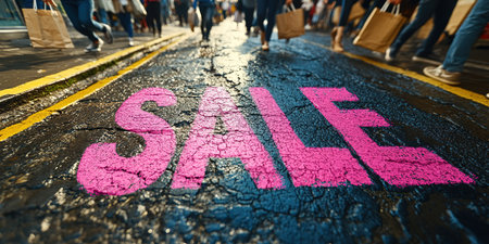 A close-up of a pink Sale inscription on the asphalt against a background of blurred people with colorful bags. The concept of discounts and sales.の素材
