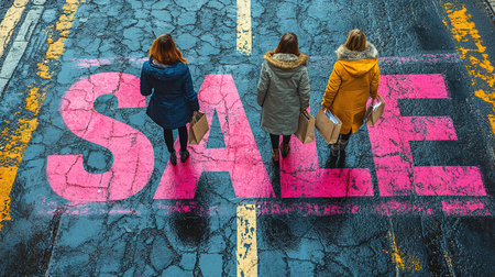 A close-up of a pink Sale inscription on the asphalt against a background of blurred people with colorful bags. The concept of discounts and sales.の素材