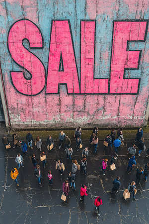 A close-up of a pink Sale inscription on the asphalt against a background of blurred people with colorful bags. The concept of discounts and sales.の素材
